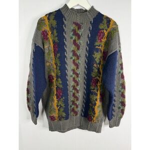 Vtg Vitruvian Designs Handknit Wool Sweater Womens Sz 1 L XL Chunky Floral